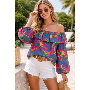 Vintage HNEVA‎ Off Shoulder Peasant Blouse Boho Tropical Large/XL Balloon Sleeve